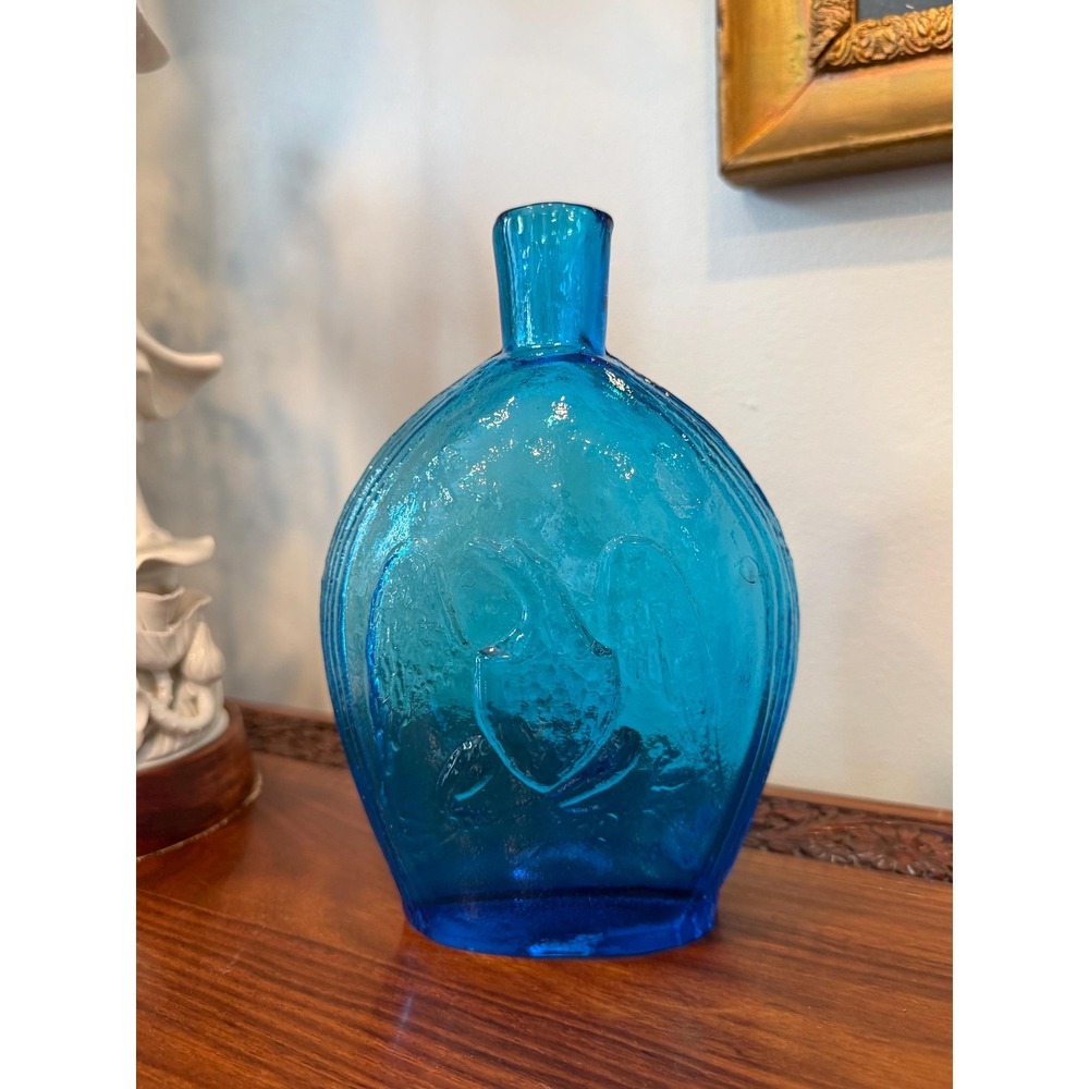 Vintage Clevenger Bros Blue Glass Bottle - Eagle and Grapes 8" - Picture 4 of 17